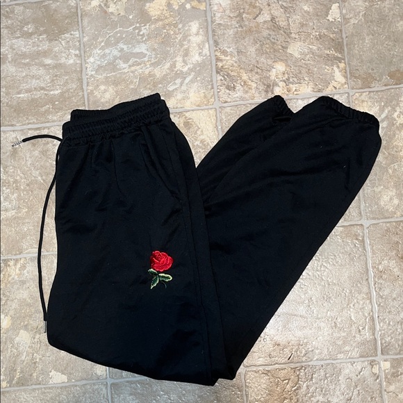 SHEIN Black Joggers with Red Rose Embroidery - Picture 1 of 13